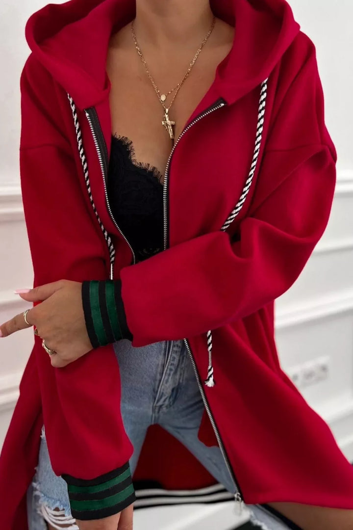 Drop shoulder zip-up hoodie with contrast striped cuffs