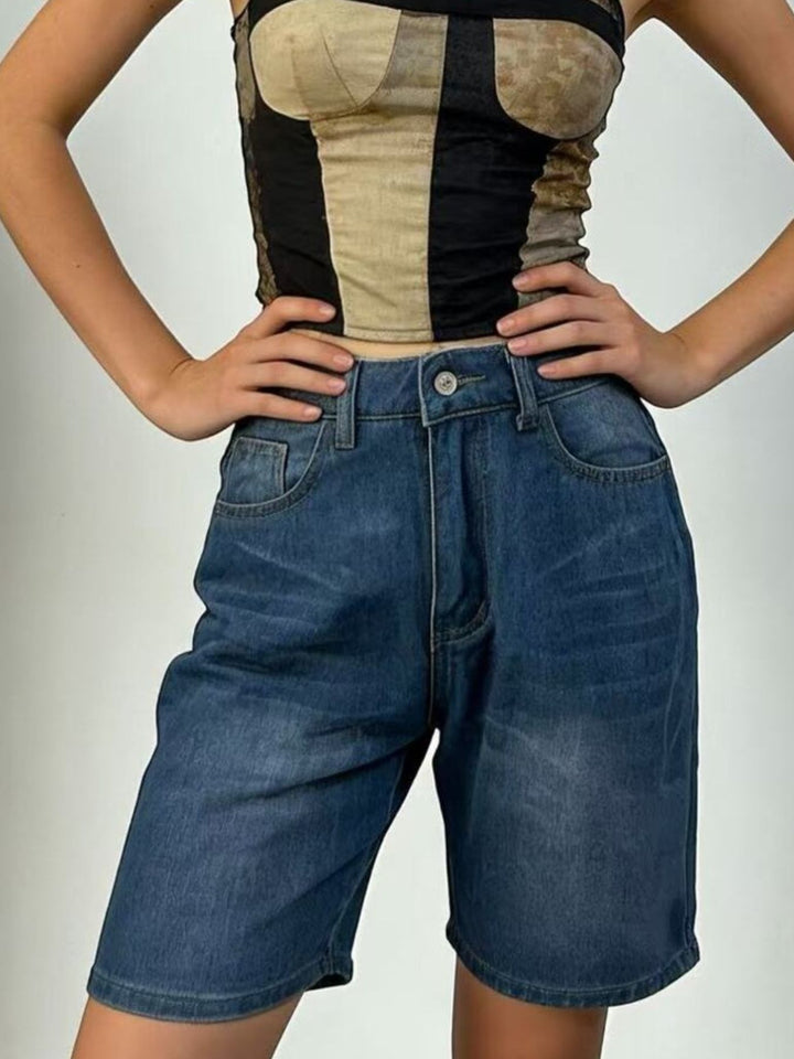 High-rise bermuda denim shorts with whiskered front