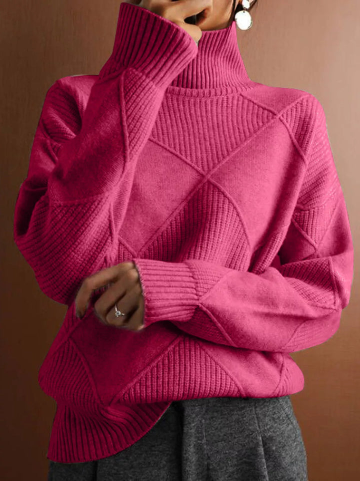 Pink Textured argyle knit turtleneck sweater with ribbed cuffs