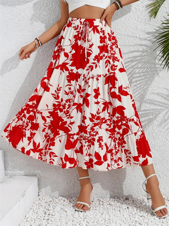 Deep Red Floral ruffle-hem midi skirt with drawstring waist