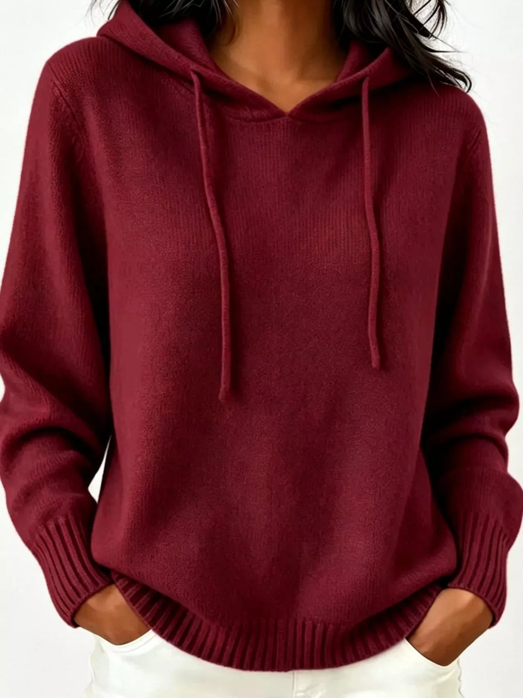 Burgundy Drawstring hooded knit pullover sweater with ribbed trim