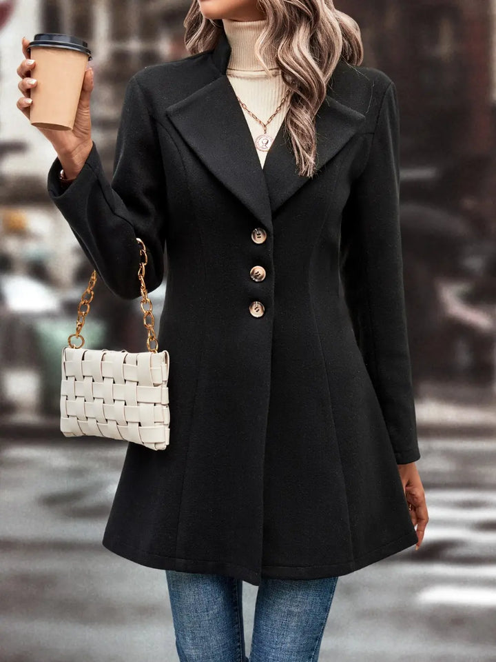 Button-front longline coat with notched lapel and flared hem