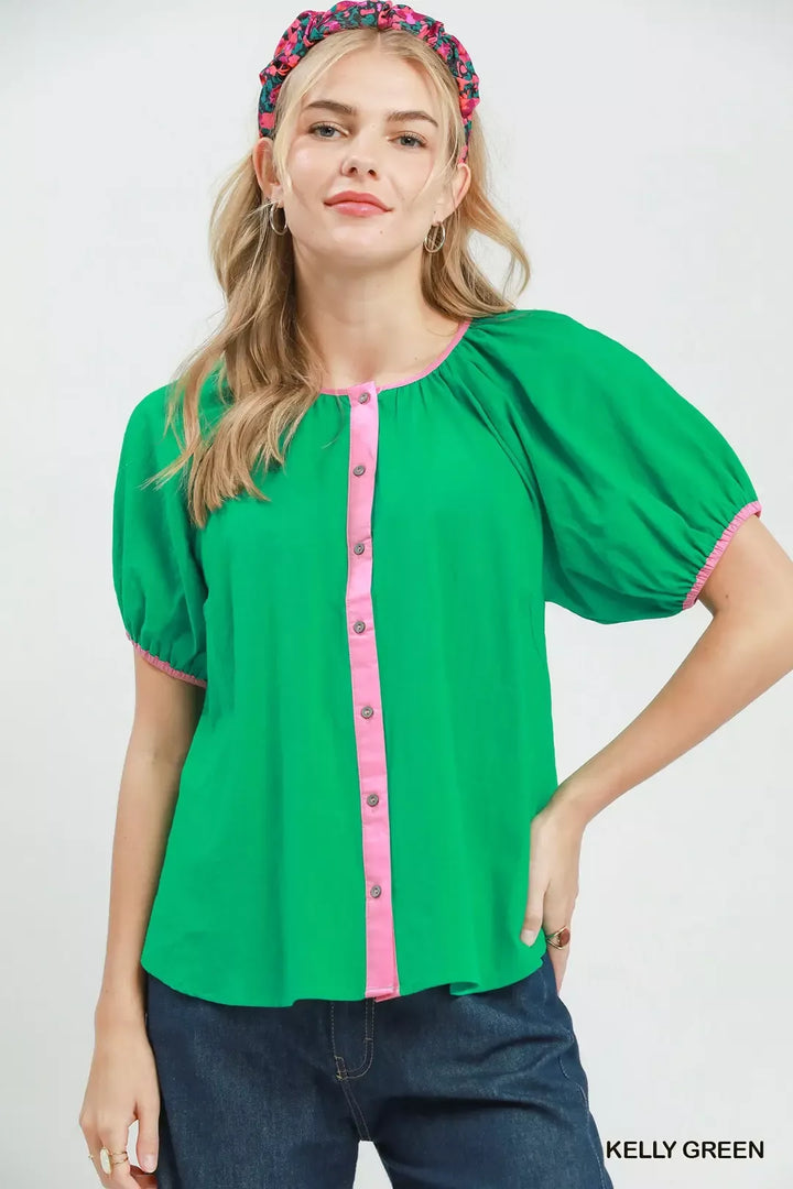 KELLY GREEN Contrast trim button-front puff sleeve cotton blouse