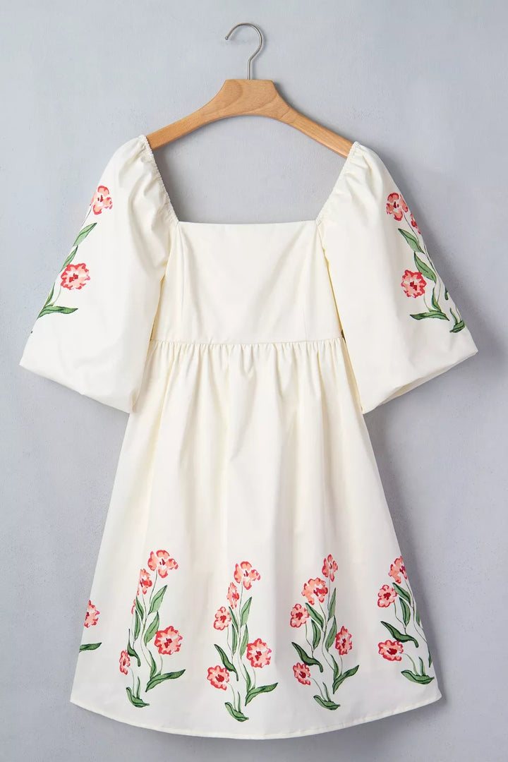 Floral puff sleeve babydoll mini dress with square neck