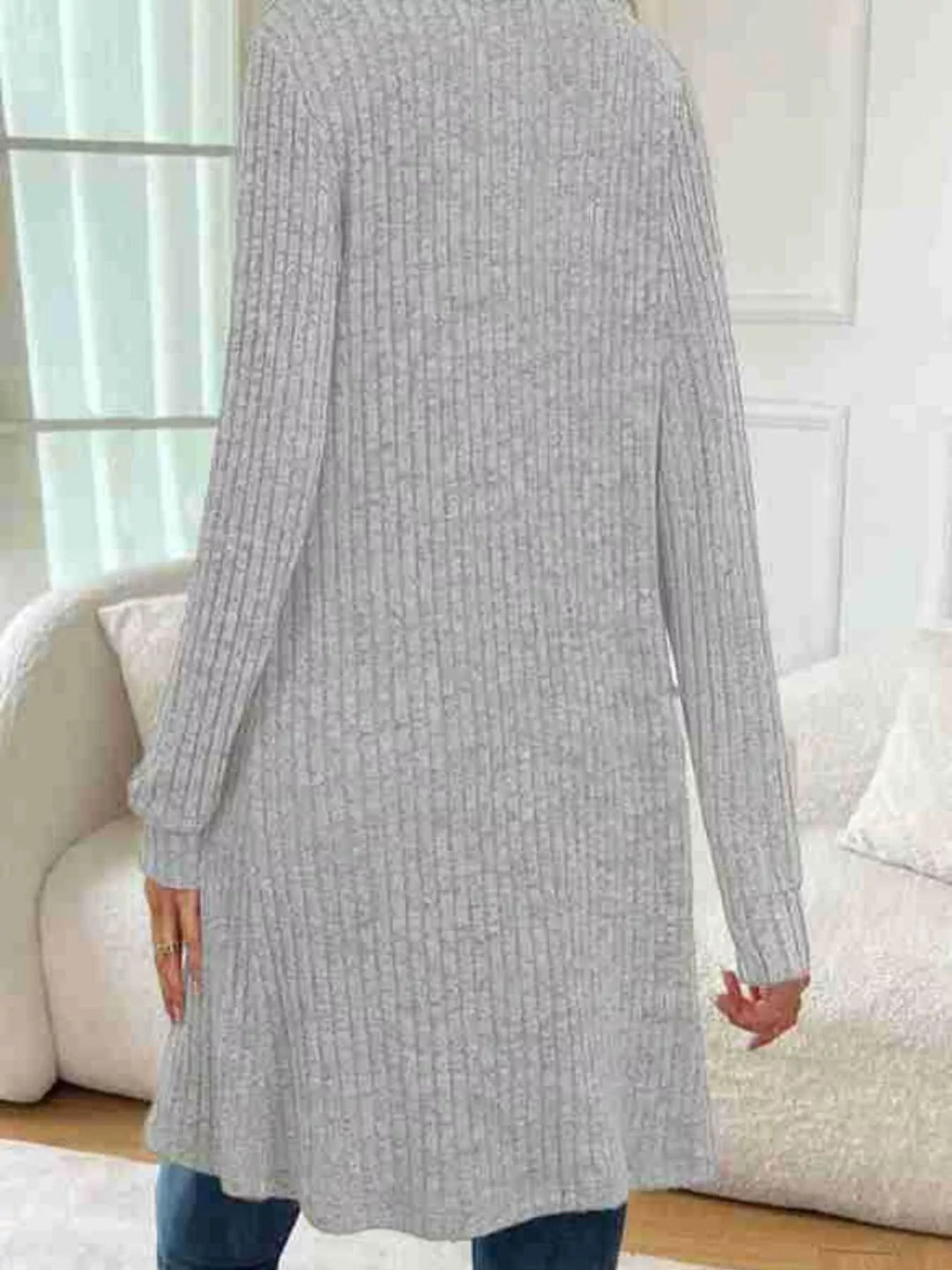 Ribbed knit open-front longline cardigan with pockets