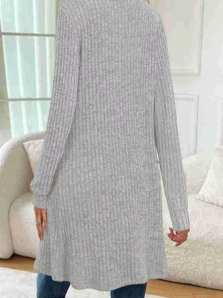 Ribbed knit open-front longline cardigan with pockets