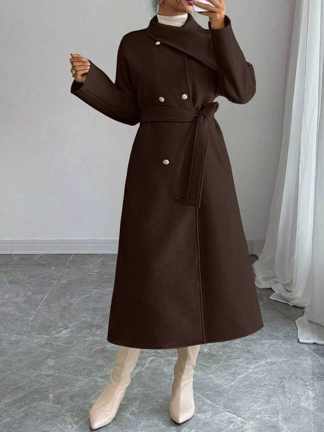 Double-breasted belted longline coat with stand collar