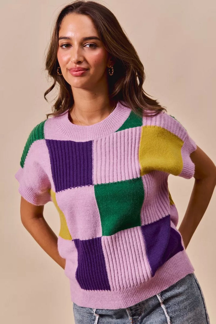 LAVENDER Checkerboard color-block short sleeve sweater top