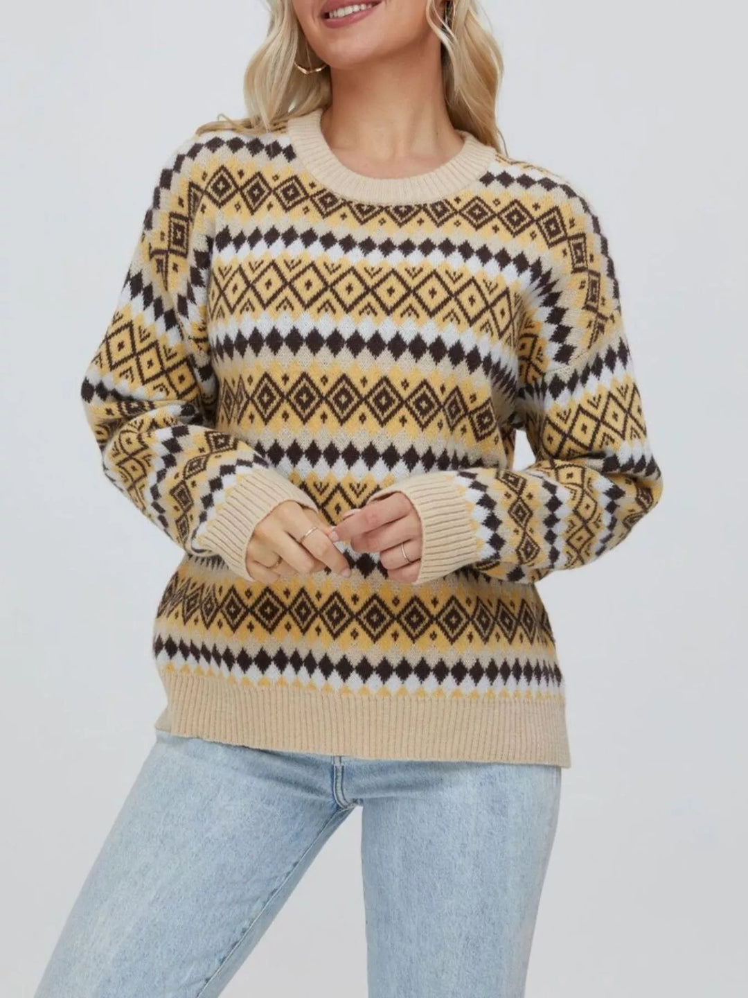 Geometric Fair Isle knit crew neck sweater