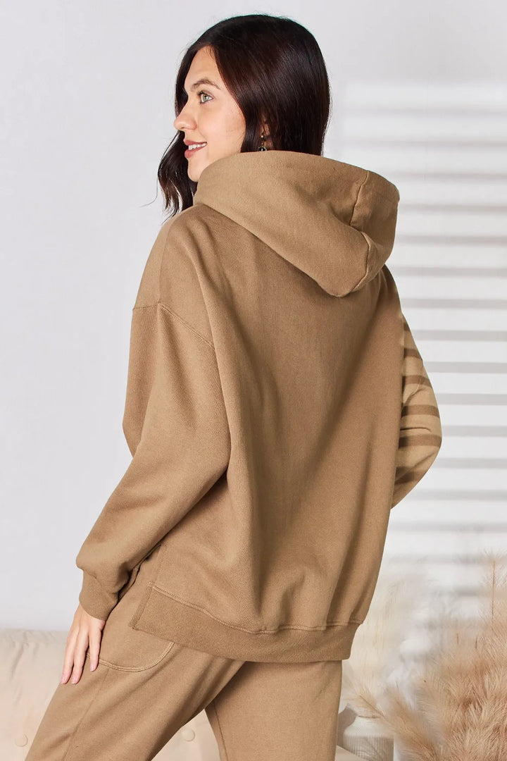 Drop-shoulder drawstring hoodie with ribbed cuffs