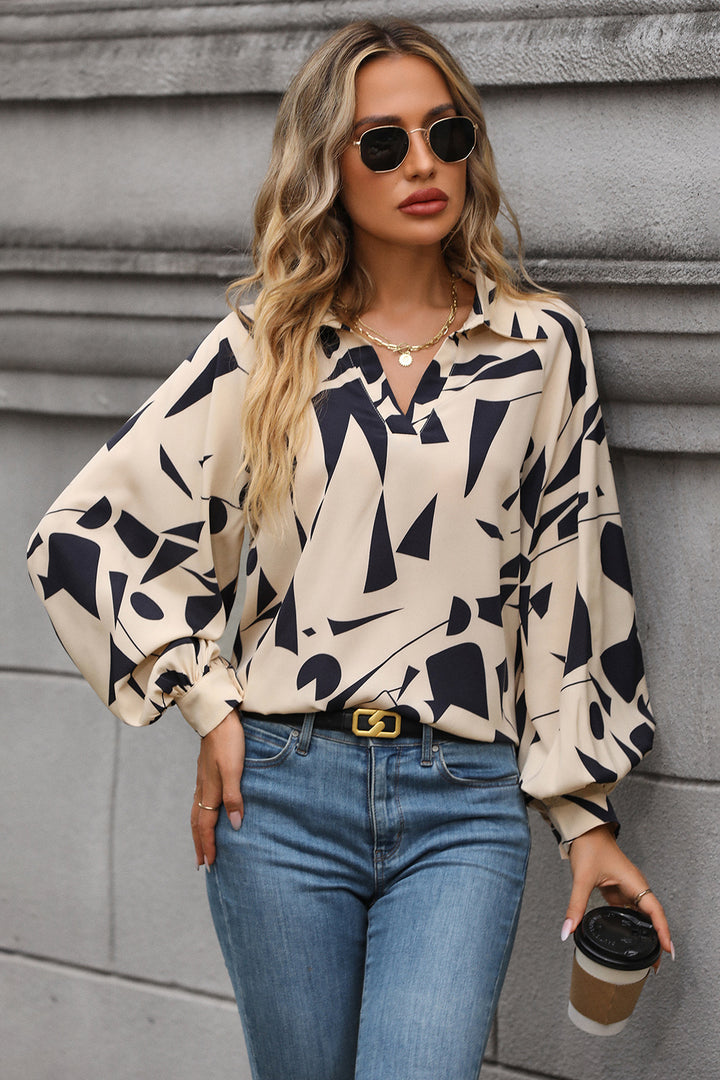 Cream Abstract print Johnny collar blouse with balloon sleeves
