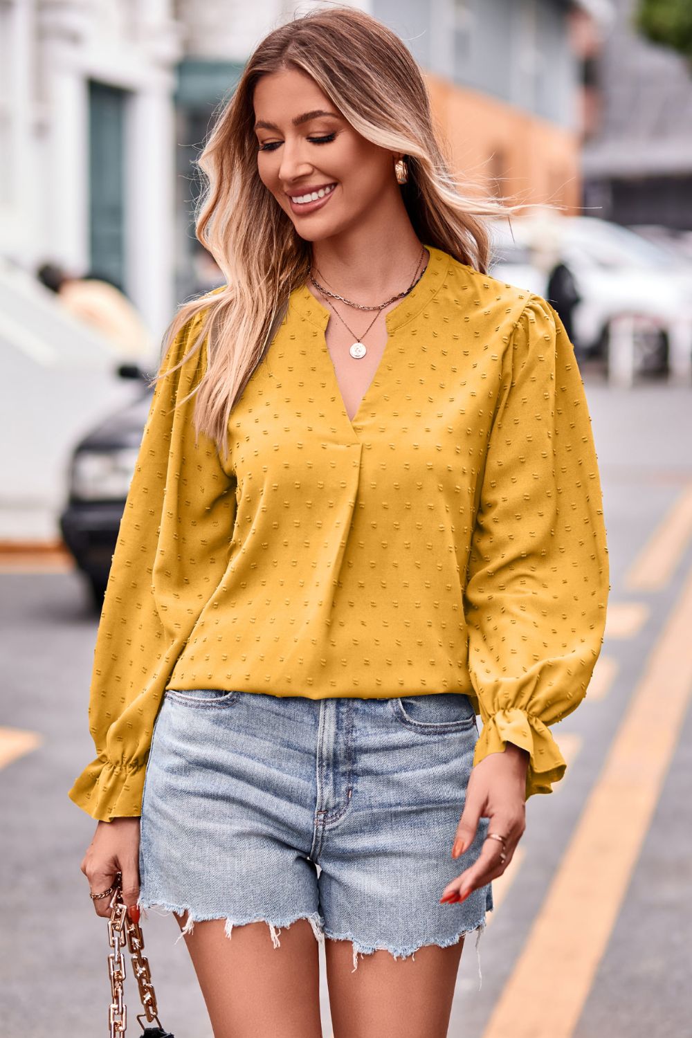 Swiss dot notched neck blouse with flounce sleeves