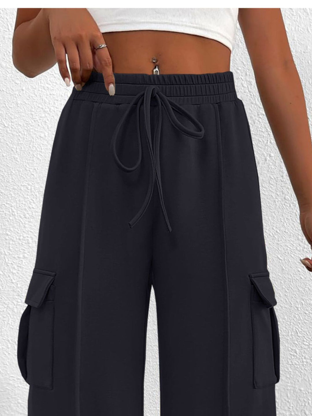 Drawstring high-waist wide-leg cargo pants with flap pockets