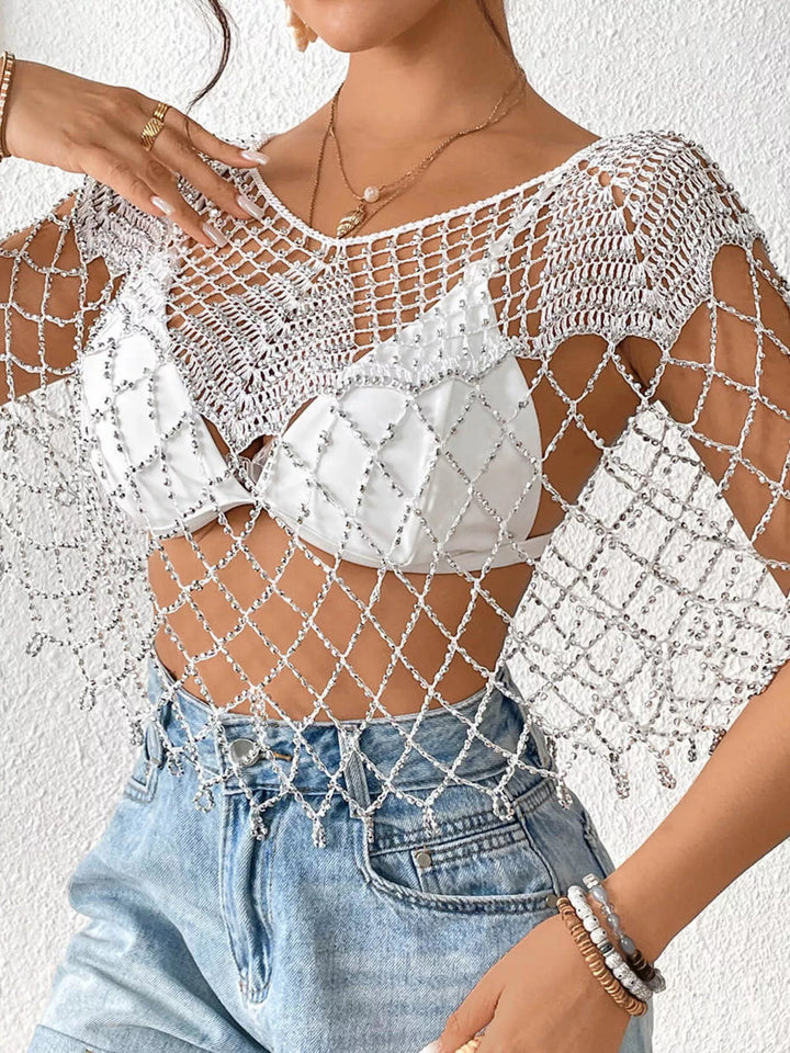 Beaded crochet v-neck open-weave cover-up
