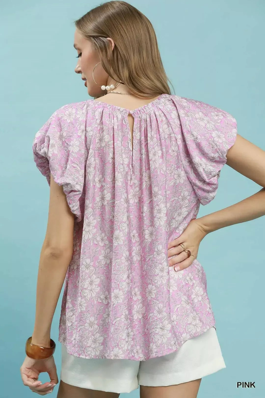 Floral puff sleeve blouse with gathered neckline