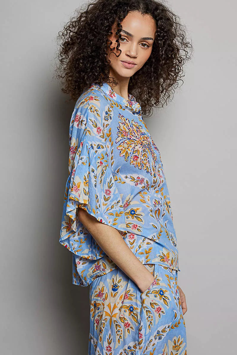 Floral print ruffle sleeve woven button-front top