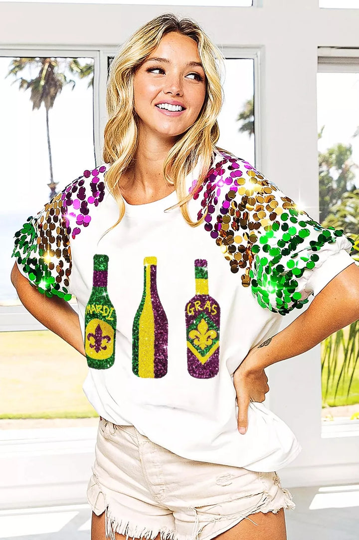 Sequin Mardi Gras bottles graphic tee with paillette sleeves