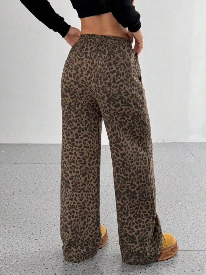 Leopard print wide-leg pants with drawstring waist