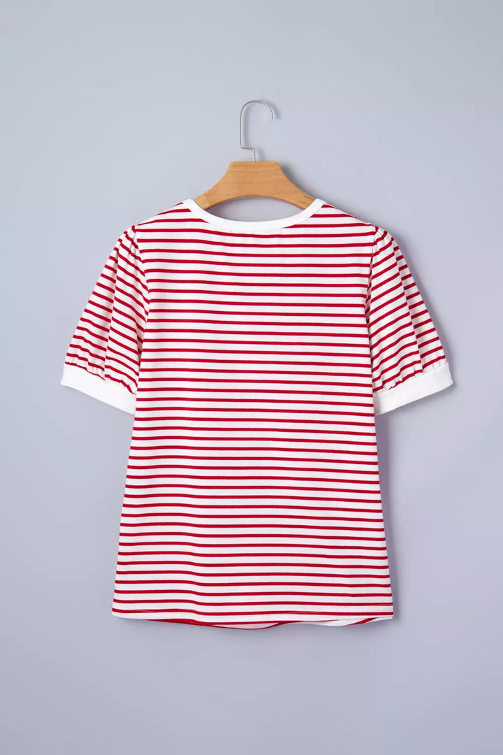 Striped contrast-trim crew neck puff sleeve tee