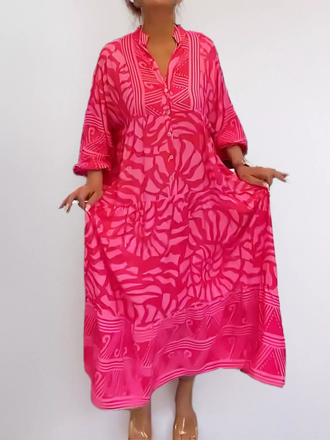 Hot Pink Abstract print button-front tiered midi dress