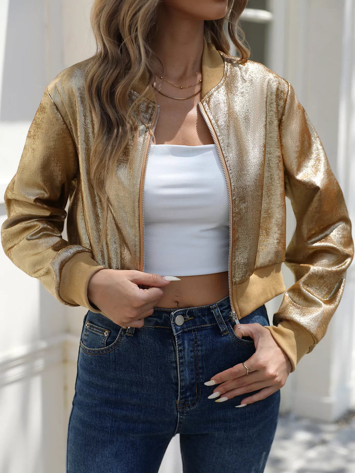 Metallic foil cropped zip-up bomber jacket