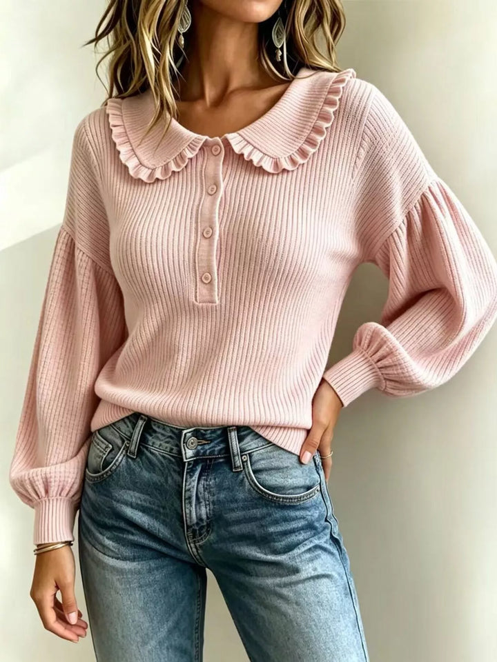 Ruffle collar ribbed knit sweater with button placket