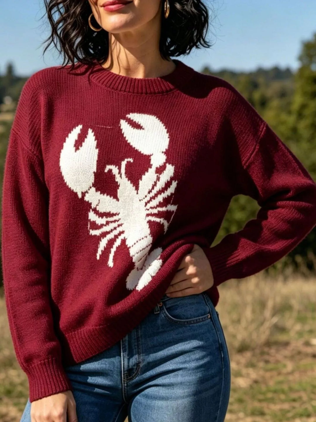 Deep Red Lobster graphic crew neck knit pullover sweater
