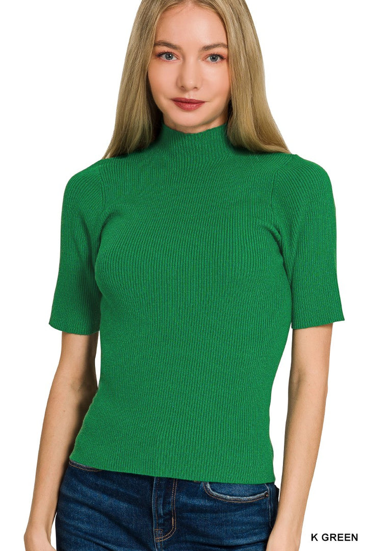 K GREEN Fitted ribbed knit mock neck short sleeve top
