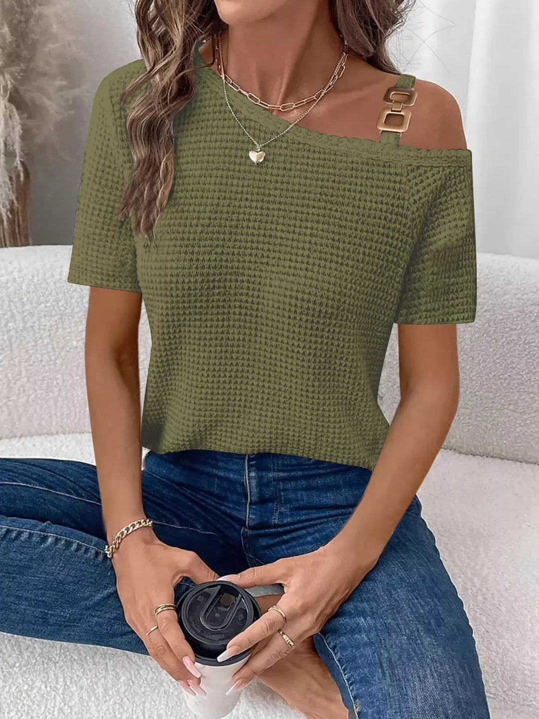 One-shoulder waffle knit top with chain-link strap detail