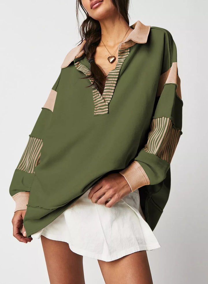 Color block striped Johnny collar sweatshirt with exposed seams