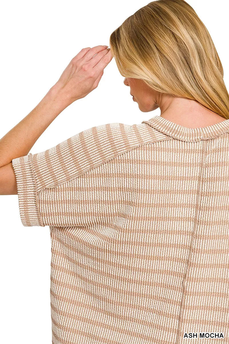 Ribbed striped short sleeve top with exposed seams