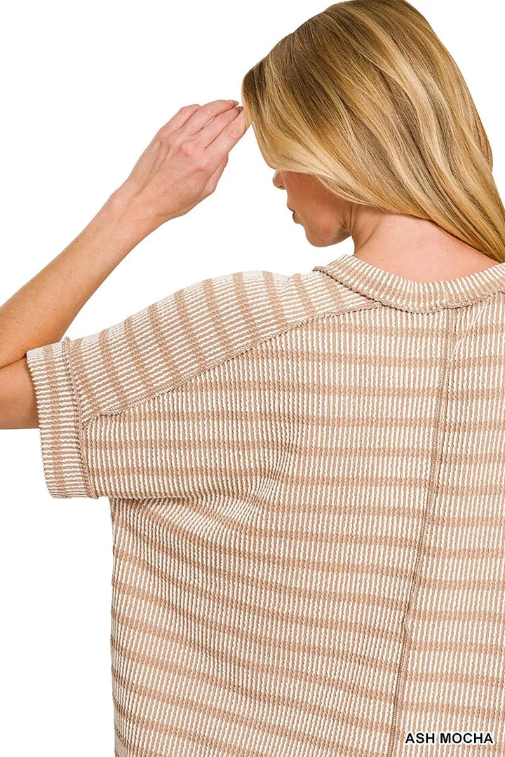Ribbed striped short sleeve top with exposed seams