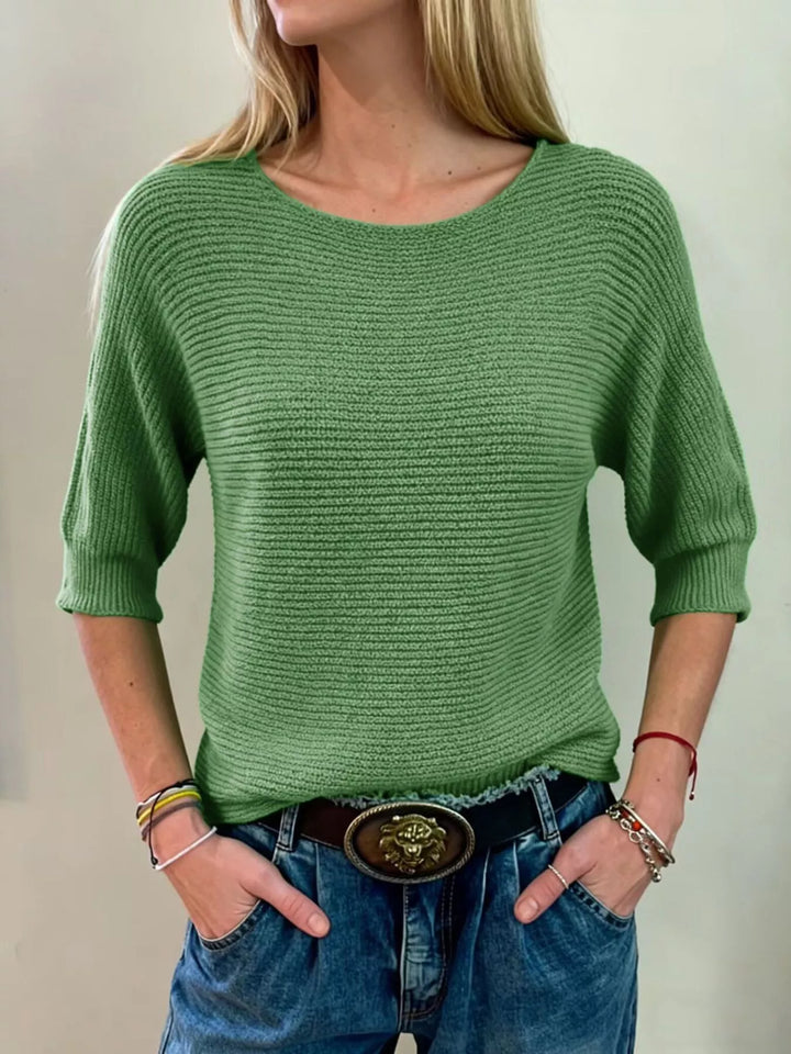 Light Green Ribbed knit round neck sweater with dolman sleeves
