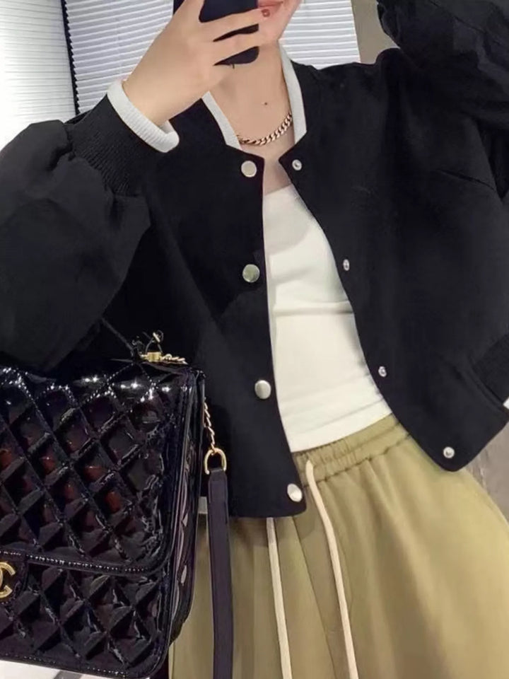 Cropped bomber jacket with snap front and ribbed contrast trim