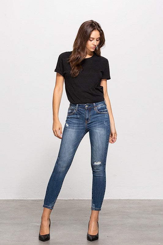 Adeline Mid-Rise Ankle Skinny Jeans With Minimal Distress in DARK - mini, denim - front view