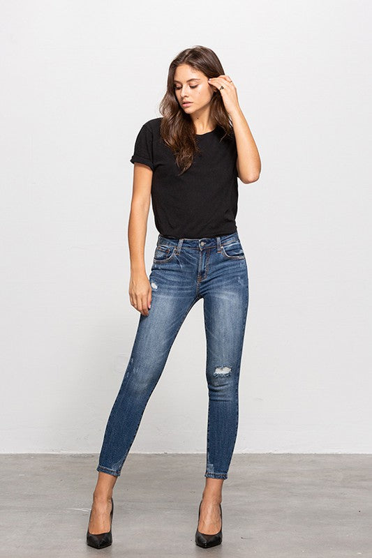 Adeline Mid-Rise Ankle Skinny Jeans With Minimal Distress in DARK - mini, denim - alternate view
