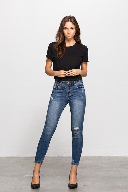 Adeline Mid-Rise Ankle Skinny Jeans With Minimal Distress in DARK - mini, denim - detail view