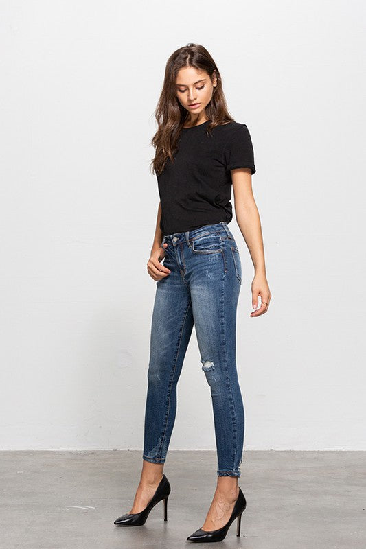 Adeline Mid-Rise Ankle Skinny Jeans With Minimal Distress in DARK - mini, denim - view 4
