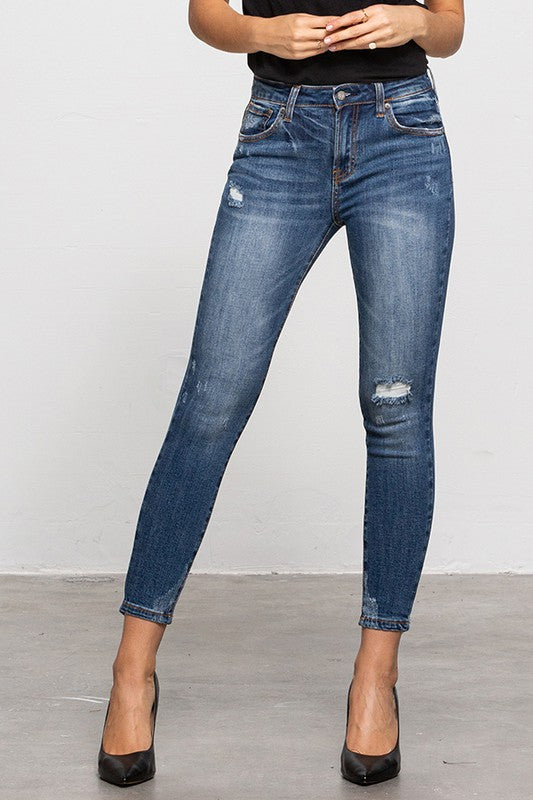 Adeline Mid-Rise Ankle Skinny Jeans With Minimal Distress in DARK - mini, denim - view 6