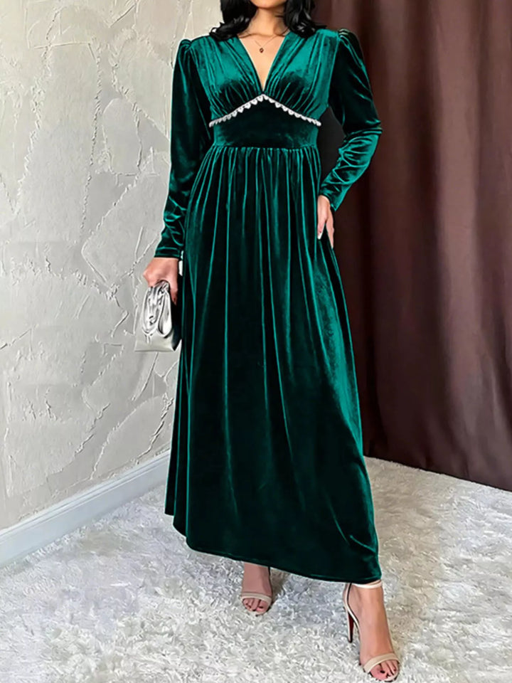 Velvet long sleeve maxi dress with pearl trim V-neck