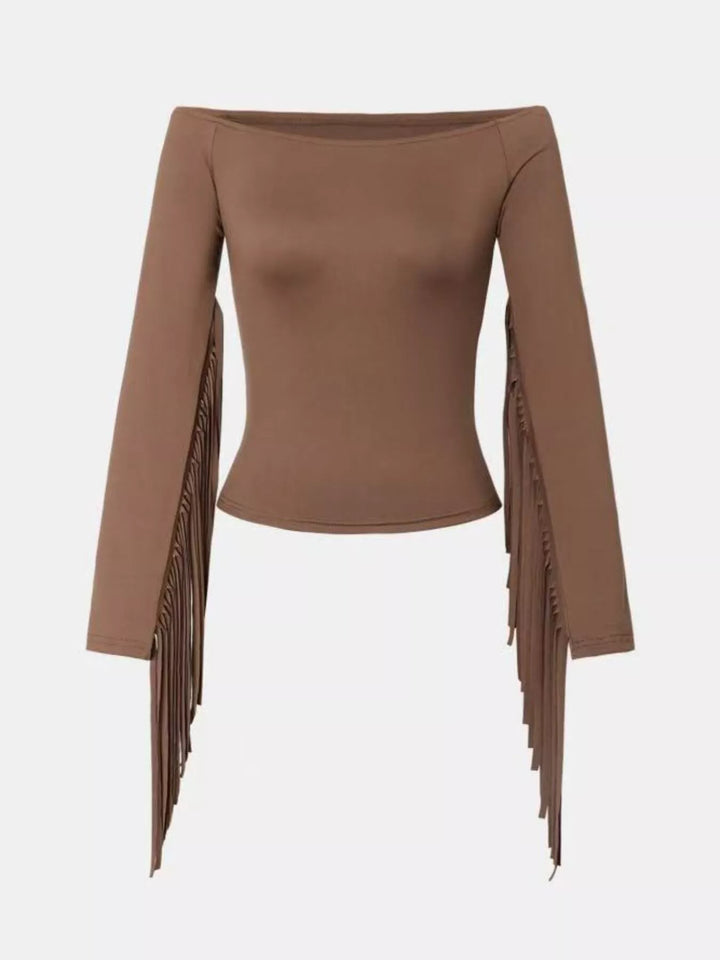 Off-shoulder fringe-sleeve fitted long sleeve top