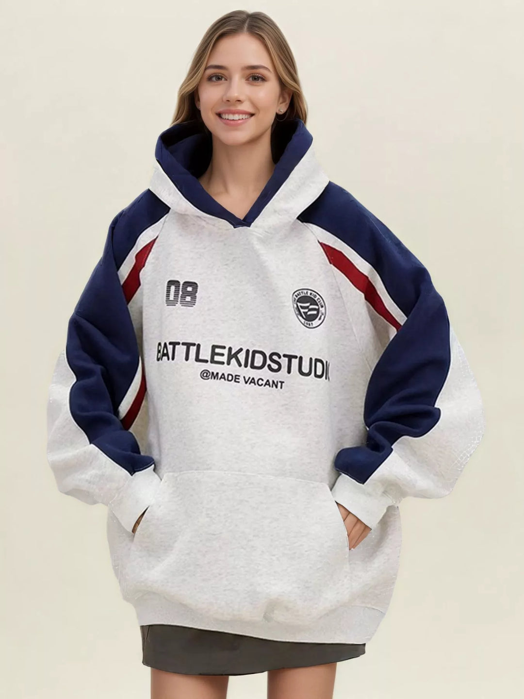 Oversized color-block raglan hoodie with racing stripes