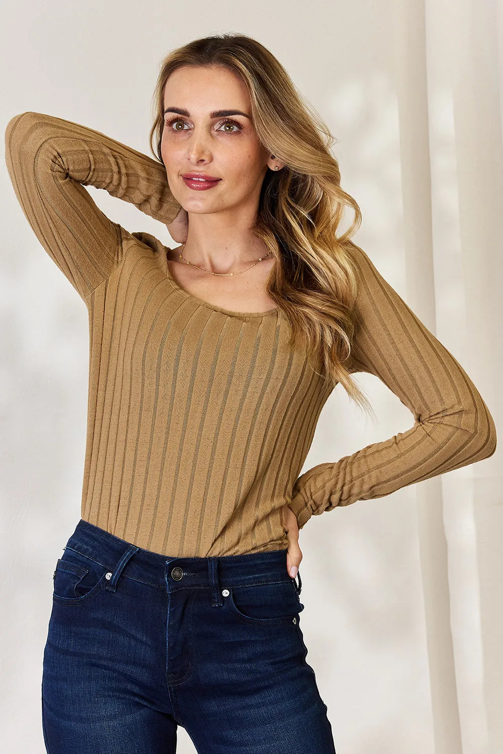 Ribbed scoop neck long sleeve fitted top