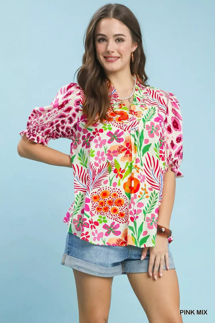 PINK MIX Mixed floral print puff sleeve top with ruffle V-neck