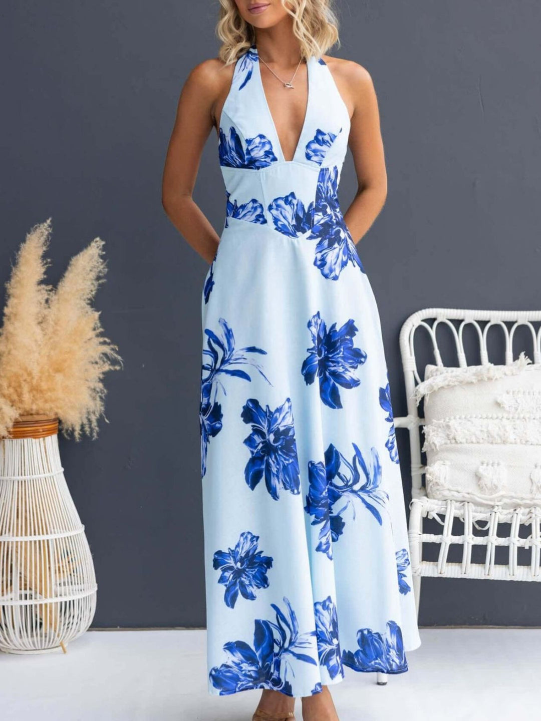 Floral print halter maxi dress with lace-up back