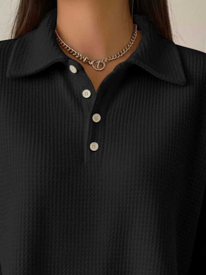 Waffle knit collared pullover with button placket