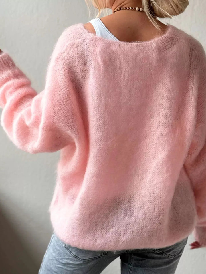 Fluffy brushed knit V-neck sweater with long sleeves