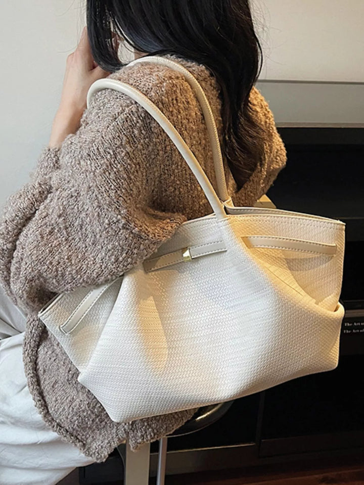 Woven texture faux leather tote bag with gold clasp