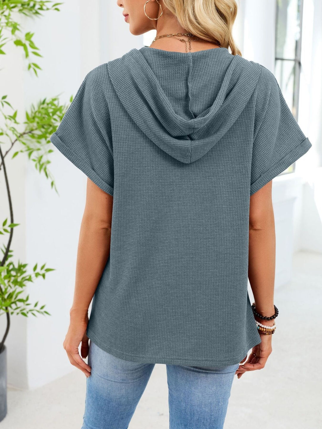 Waffle knit short-sleeve hoodie with button placket