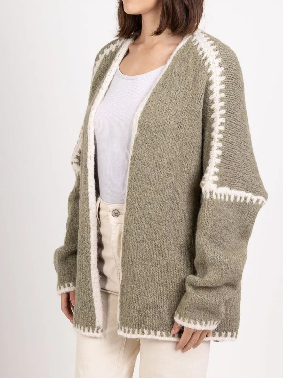 Contrast whipstitch trim open front knit cardigan